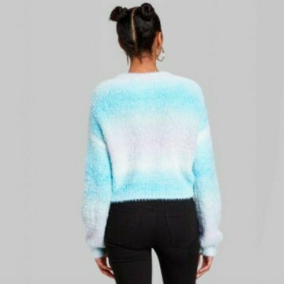 Wild Fable Sweater Spacedye Blue Crewneck Pullover Fuzzy Cropped Womens - Picture 3 of 8